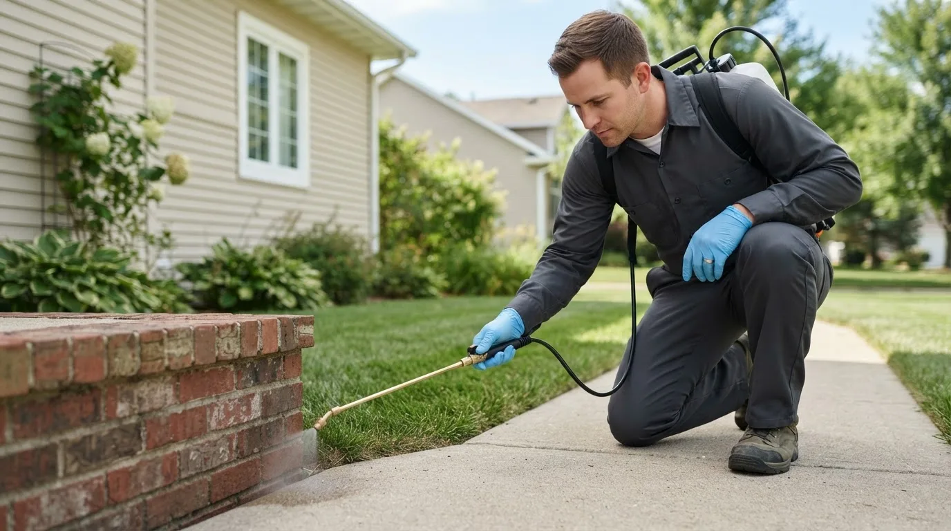 Pest control technician treating a home near Fluvanna, TX